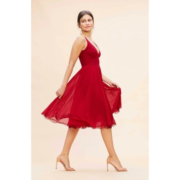 Dress The Population Alicia Midi Dress Womens Small Garnet Red Chiffon Crepe - Picture 2 of 11